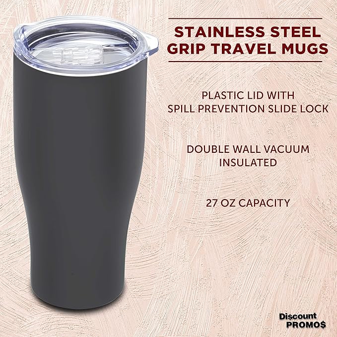 DISCOUNT PROMOS Stainless Steel Grip Travel Mugs 27 oz. Set of 10, Bulk Pack - Perfect for Coffee, Soda, Other Hot & Cold Beverages - Smoke