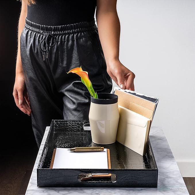 Black Leather Serving Tray with Handles, Glossy Faux Crocodile Print, 17.5x12 Food Drinks Tray for Coffee Table, Breakfast, Dinner & Bar, Decorative Storage Tray for Ottoman, Kitchen, Bedroom, Gift.