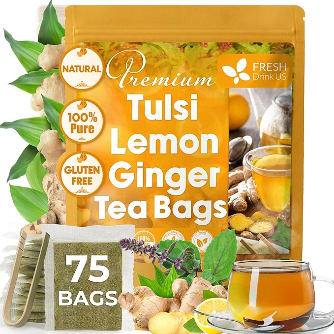 FreshDrinkUS, Premium 75 Tulsi Lemon Ginger Tea Bags, 100% Natural & Pure from Tulsi Holy Basil Leaves, Lemon and Ginger. Made with Natural Material Tea Bags. No Sugar, No Caffeine, Vegan.