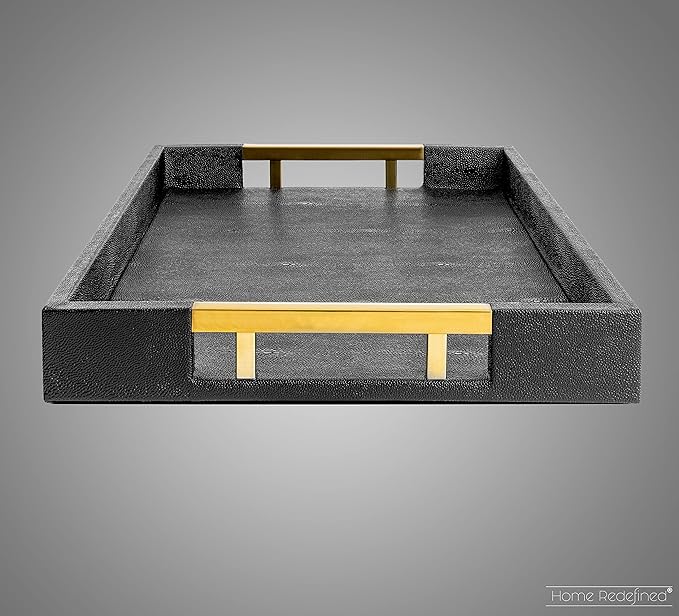 Modern Elegant 17.5"x12" Rectangle Black Glossy Shagreen Faux Leather Decorative Tray Ottoman Coffee Table Perfume Living Room Kitchen Serving Tray with Gold Polished Metal Handles by Home Redefined