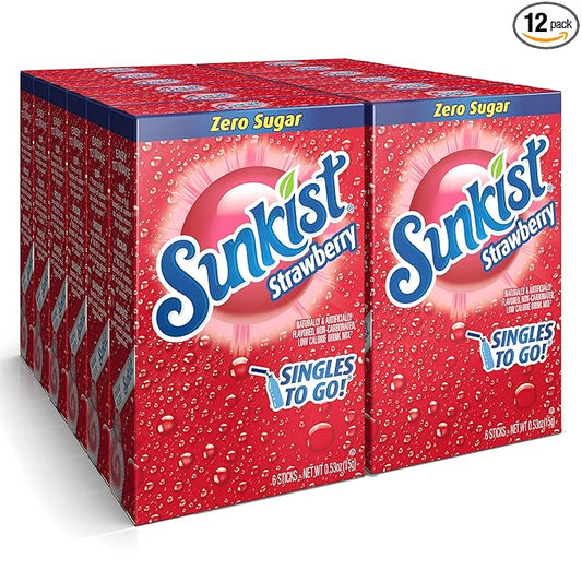 Sunkist Soda Singles To Go Drink Mix, Strawberry, 12 Boxes with 6 Packets Each - 72 Total Servings, Non-Carbonated and Sugar-Free