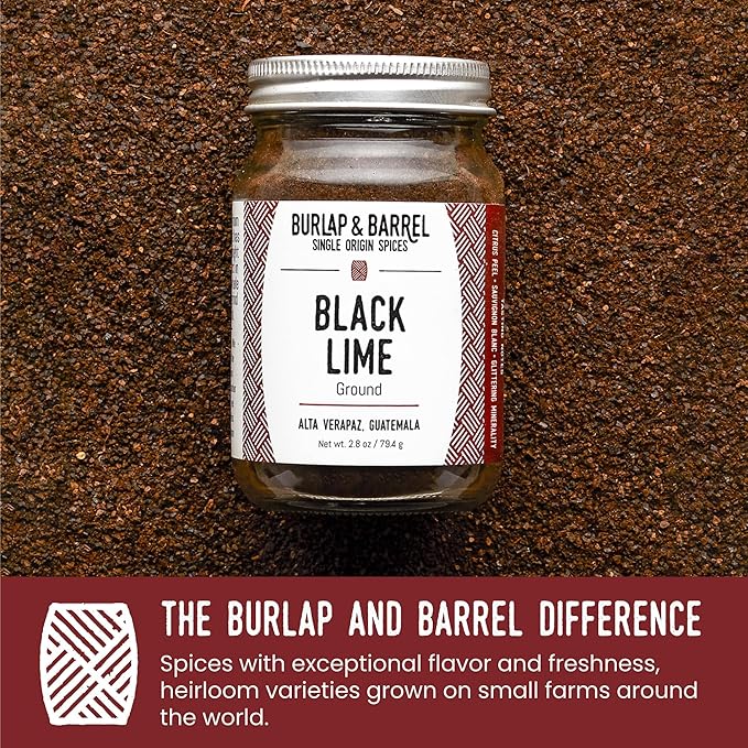 Burlap & Barrel - Ground Black Lime - Tart and Savory Great for Roasted Meats, Veggies, Stews, Kebabs - Great Alternative to Makrut Leaf in Recipies - As seen on Shark Tank - 2.8oz Glass Jar