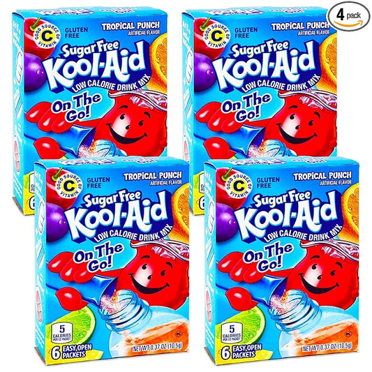 Kool-Aid Sugar Free Low Calorie Drink Mix 6 easy open packets (Pack of 4) Gluten Free (Tropical Punch)