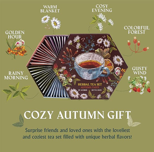 ACORUS Autumn Taste Tea Set, Natural Herbal Tea Variety Pack, Assorted Tea Box, Tea Gift Set of 6 Different Teas, Herbal Tea Sampler of 60 Tea Bags Individually Wrapped, Discover Rich Autumn Teas