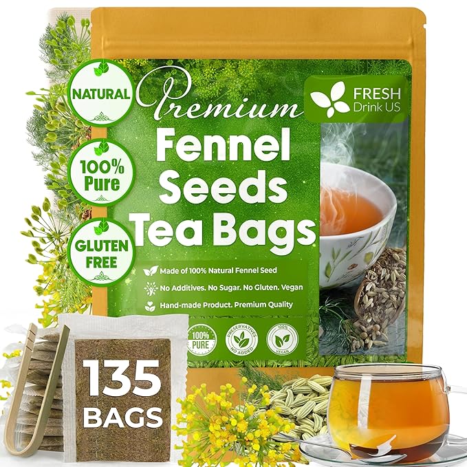 FreshDrinkUS, Premium 135 Fennel Tea Bags, 100% Natural & Pure from Fennel Seeds. Made with Natural Material Tea Bags. No Sugar, No Caffeine, No Gluten, Vegan.