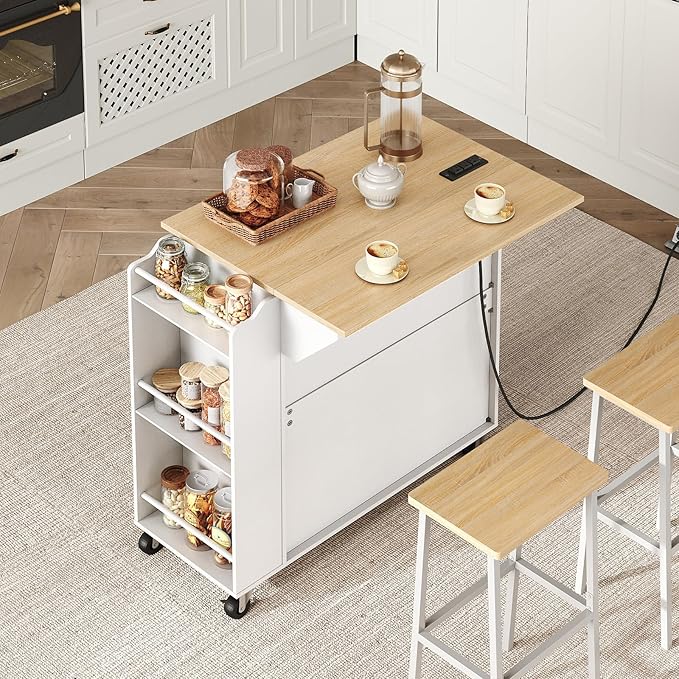 Kitchen Island with Power Outlets & Drop Leaf, Rolling Kitchen Cart on Wheels, Kitchen Storage Island with Spice Rack and Drawer, Mobile Island Table for Kitchen, Dinning, White and Natural