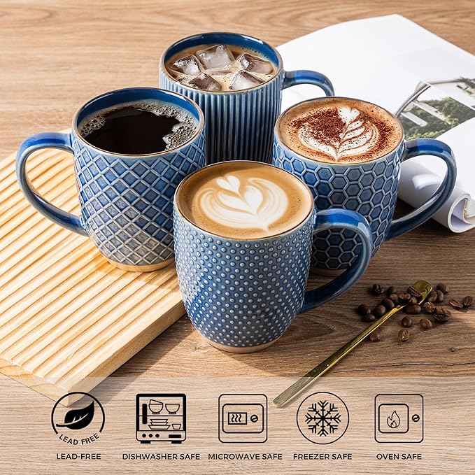 GBhome Large Coffee Mugs Set of 4, 16oz Handmade Embossed Coffee Mugs Set with Large Handle for Cappuccino/Latte/Tea/Hot Cocoa, Dishwasher & Microwave Safe, Blue