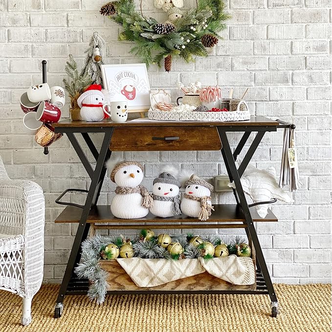 Bestier Coffee Cart Station, 48" W Coffee Bar Cart with Storage Drawer, Mobile Kitchen Island on Lockable Wheels, Coffee Bar Table with Paper & Towel Holder for Dinning Room Living Room, Rustic Brown