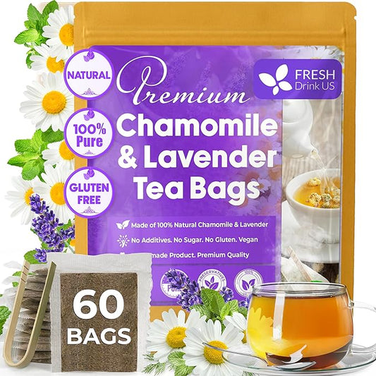 FreshDrinkUS, Premium 60 Chamomile Lavender Tea Bags, Calming Herbal Blend Strong Support for Relaxation & Better Sleep | Naturally Caffeine-Free Bedtime Tea with Soothing Floral Aroma, 100% Natural, Hand-made No Sugar/ Caffeine/ Gluten, Vegan