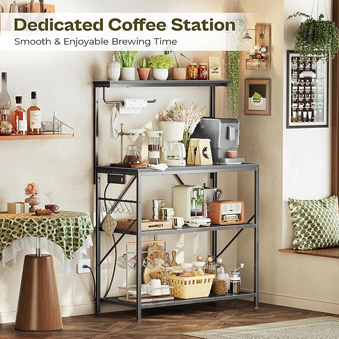 Huuger 4-Tier Bakers Rack with Reversible Power Outlet, 31.5 Inch Microwave Stand, Kitchen Coffee Bar, with Top Shelf, 6 S Hooks, Black