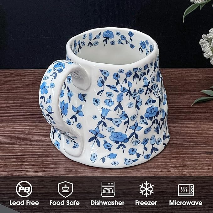 Large Ceramic Coffee Mug Cute Flower with Handmade Big Handle, 20oz Girly Blue Floral Tea Cup for Women Valentine Gift, Novelty Irregular Oversized Christmas Mugs for Latte Tea Milk Cocoa