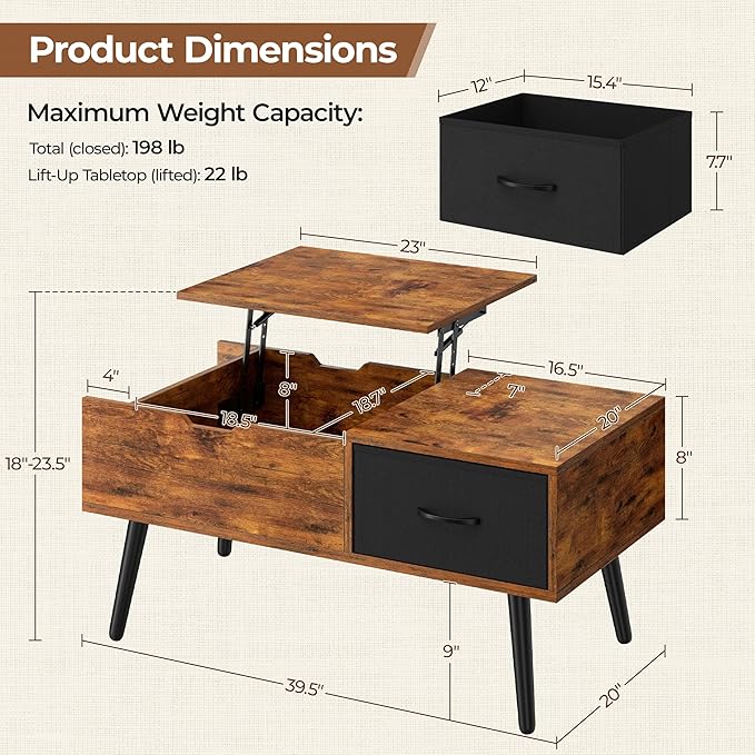 Yaheetech Lift Top Coffee Table for Living Room, Wooden Small Center Tables with Large Storage Shelf Drawer and Hidden Compartment Modern, Rustic Brown