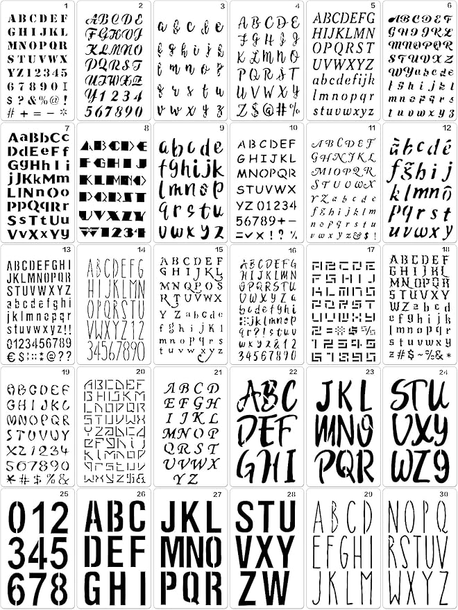 30 Pieces Letter Stencils for Painting 4 x 7 Inch Alphabet Reusable Plastic Numbers Font Templates for Journal Notebook, Diary, Scrapbook Decor Supplies