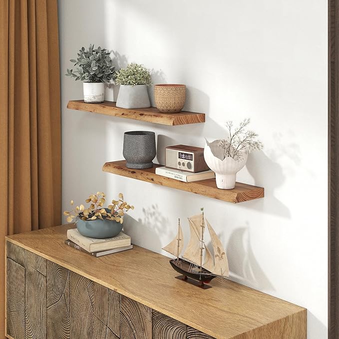 Live Edge Elm Wood Floating Shelves, 36 Inch Long Wall Shelves 2 Pack Shelf for Farmhouse Bedroom Bathroom Kitchen, Wall Mounted Wooden Shelf with Invisible Bracket for Books Decor, Natural