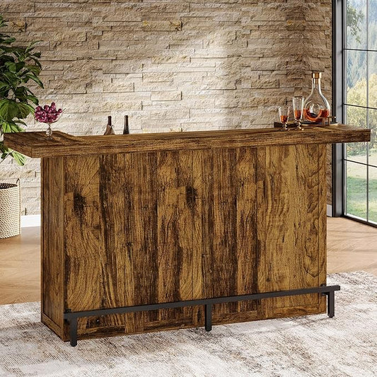 Tribesigns 4-Tier Bar Table, 70.9-Inch Large Wood Home Bar Unit with Wine Glass Holder and Black Footrest, Pub Table with Storage Shelves for Kitchen, Indoor, Brown