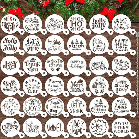 JULBEAR 36 Pieces Reusable Christmas Cake Stencils Templates Molds Tools for Christmas Holiday New Year Cookies Baking Painting Dessert Coffee Decoration