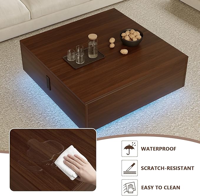 Square Lift Top Coffee Table, 31.5" Wooden Coffee Table with 2 Drawers & Hidden Storage, LED Lights & Charging Station, Mid Century Modern Center Table for Living Room Home Office (Walnut)