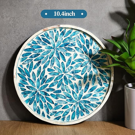 Chunful Mother of Pearl Round Serving Tray Wood Coffee Table Tray 10.4 Inch for Tea Breakfast Kitchen Cabinet(Leaf Style)