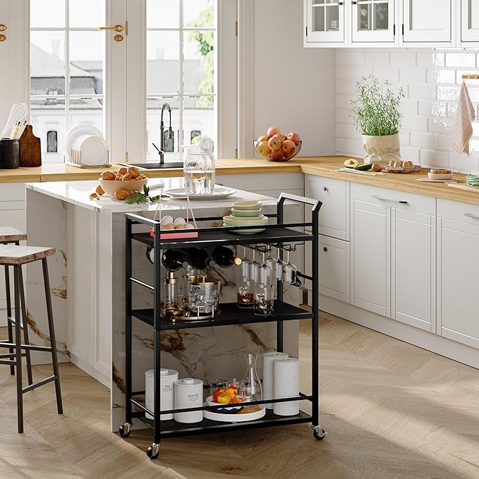 Black Bar Cart Home, Rolling Small Bar Cart, 3 Tier Liquor Cart, Wine Cart with Wine Rack, Drink Cart with Wheels, Metal Beverage Cart for Kitchen Dining Living Room Black GBC507B
