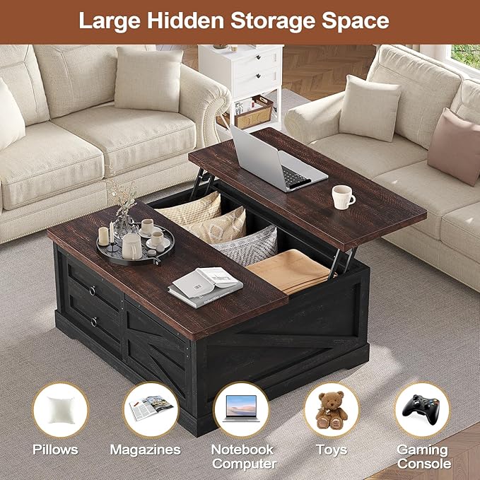 Itaar 39.4'' Lift Top Coffee Table with Storage, Farmhouse Coffee Tables for Living Room, Square Coffee Table with Large Hidden Compartment & 2 Drawers & Adjustable Shelves, Black