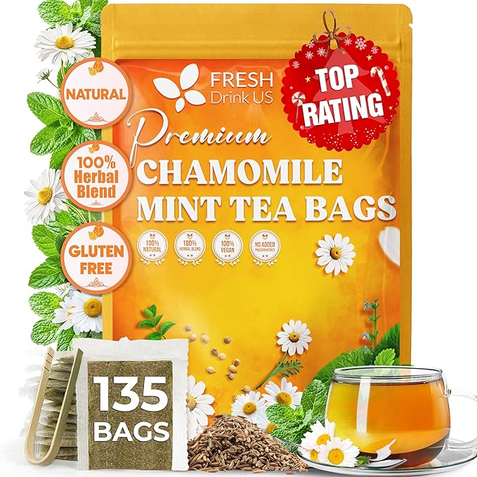 FreshDrinkUS, Chamomile Mint Tea Bags | 135 Count | Refreshing Herbal Blend of Chamomile Flower, Peppermint, Lemon Balm & other herbs – Smooth Floral & Minty Flavor – Premium Quality, Caffeine-Free