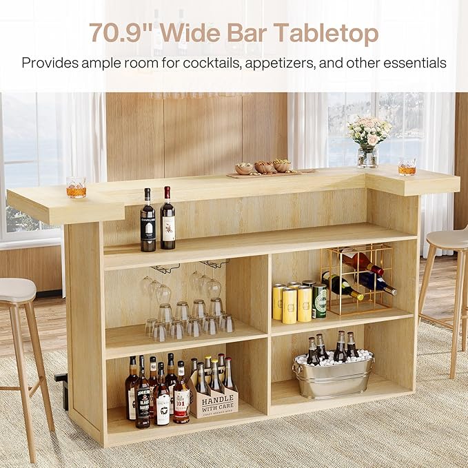Tribesigns 4-Tier Bar Table, 70.9-Inch Large Wooden Home Bar Unit with Wine Glass Holder and Black Footrest, Pub Table with Storage Shelves for Home, Patio, Basement, Oak