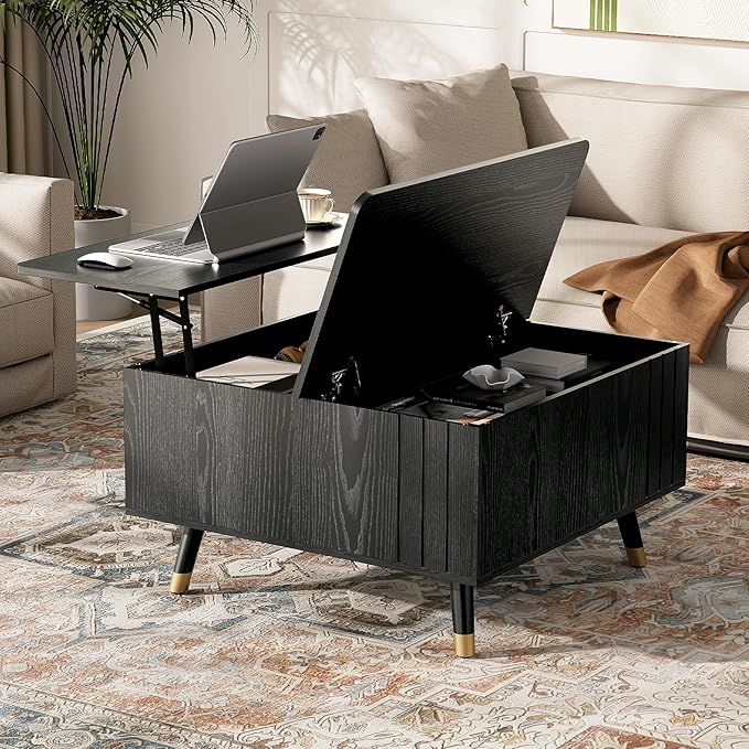 32" Square Lift Top Coffee Table with Storage, Modern Black Center Table for Living Room, Minimalist Wood Cocktail Table with Rising Desktop, Home Office