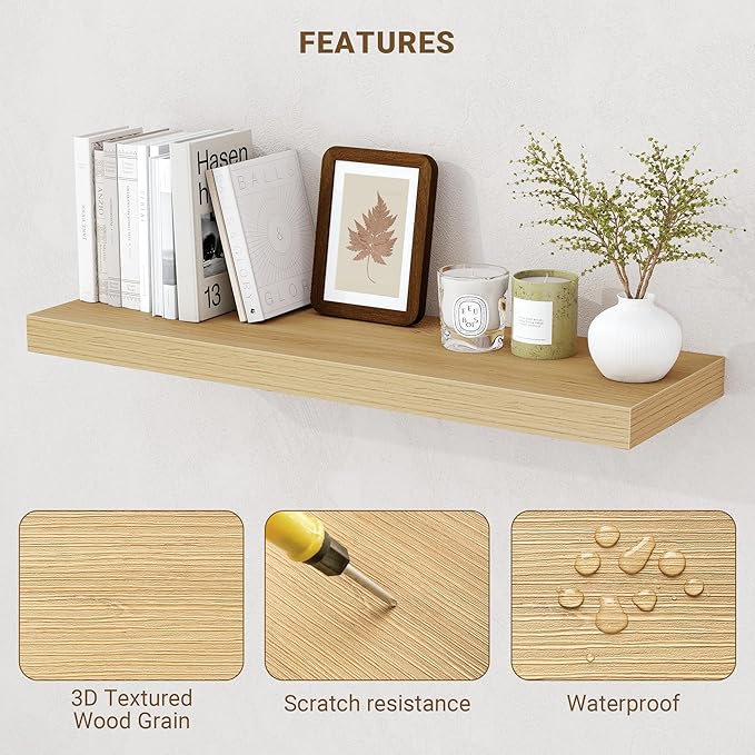 40 Inch Floating Shelves, 3D Textured Wood Grain, 40"x9.25"x1.5" Inch Deep Floating Shelves for Wall, Wooden Shelves for Bathroom, Bedroom, Living Room, Natural, 1 Piece