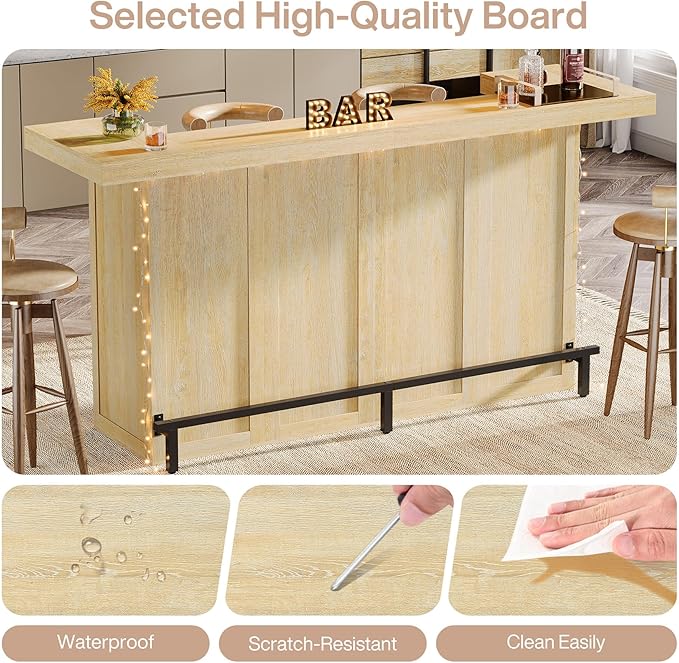 Tribesigns 4-Tier Bar Table, 70.9-Inch Large Wooden Home Bar Unit with Wine Glass Holder and Black Footrest, Pub Table with Storage Shelves for Home, Patio, Basement, Oak