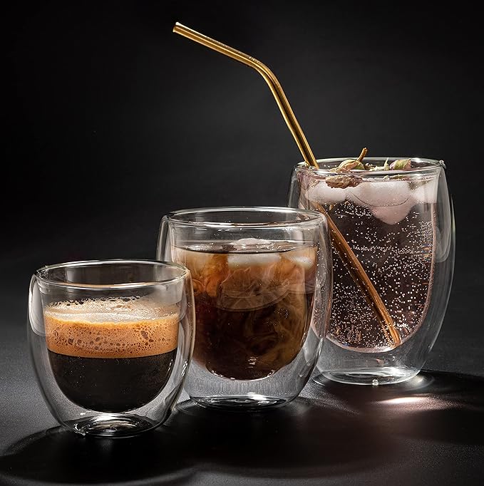 Moss & Stone Set of 3 Double Wall Glass Cup Clear Mug, Double Walled Coffee Mugs, Glass Tea Mugs, Insulated Coffee Mug Egg Shape.