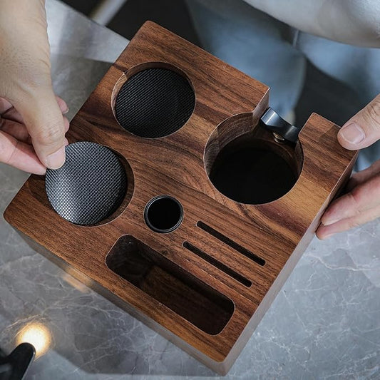 Espresso Knock Box and Tamping Station Kit 54mm for Breville Machines Walnut Compact Espresso Setup with Shock-Absorbent Coffee Grounds Dump Bin and Espresso Accessories Organizer