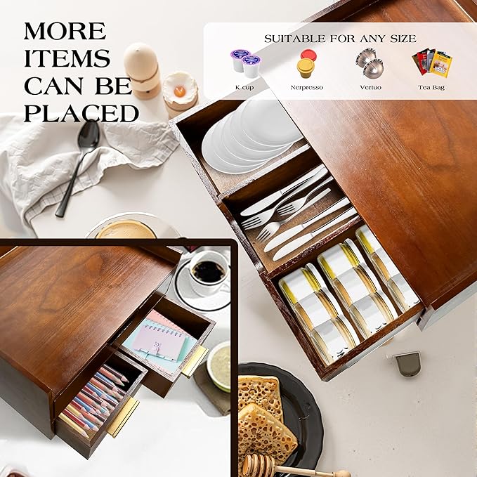 Wooden Coffee Pod Storage Drawer，K Cup Holder Compatible with Vertuo Capsules and Original Coffee Pods,35 Capacity K Cup Coffee Maker Machine Stand for Coffee Station Home Office and Kitchen