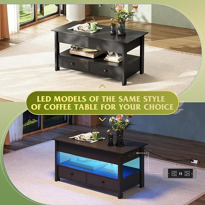 WLIVE Coffee Table, Lift Top Coffee Table with 2 Drawers, Large Storage and Open Shelf, Lift Tabletop for Living Room, Black