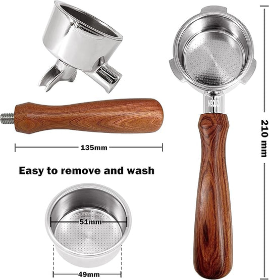 NEOUZA 51mm Portafilter Compatible with Gevi,Yabano,Hamiltion Beach,Farberware,Oster Nova PrimaLatte Espresso Machines Stainless Steel Non-Pressurized Basket Two Spouts (Standard Handle 01 w/Spout)