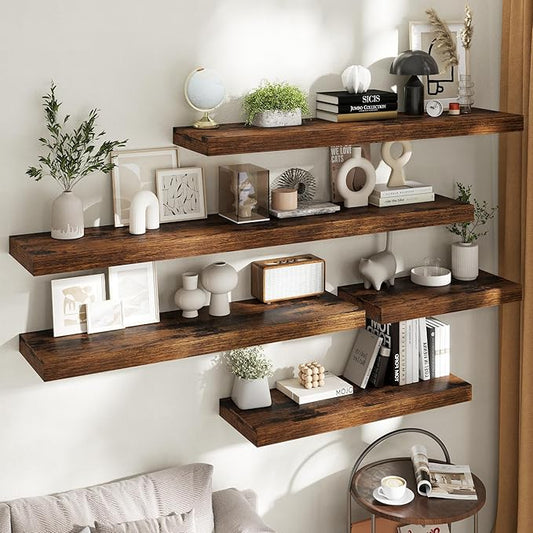12" Deep Floating Shelves for Wall with Invisible Brackets, Wall Mounted Engineered Wood Shelves with Wood Grain for Living Room, Bedroom, Kitchen Decor and Storage, 72"L Set of 1, Rustic Brown