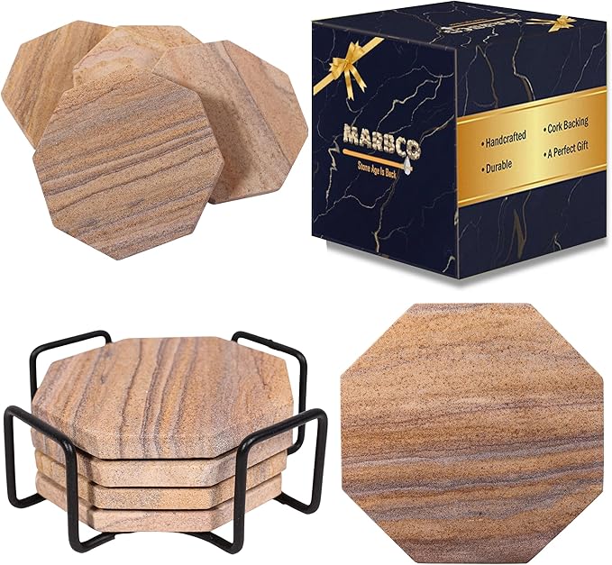 Sandstone Water Absorbent Hand Crafted Octagon Coasters with Holder for Drinks 4 Inches Wide Thirsty Stone Bar/Drink Coasters Made from Real Solid Stone (with Holder, Set of 4)