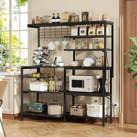 iabifo L-Shaped Bakers Rack with Power Outlet, 6-Tier Microwave Stand with Open Storage, Coffee Bar with Hooks, Mesh Grid, Kitchen Shelf with Wire Basket, Black