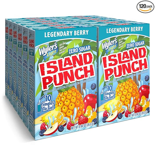 Wyler’s Light Island Punch Singles To Go, Legendary Berry, 10-Count per Box (12 Pack) – Low Calorie Powdered Drink Mixes, Caffeine Free, Gluten Free, and Zero Sugar, 120 Total Powder Packets