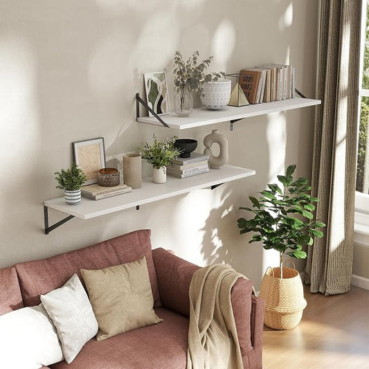 Deep Floating Shelves Wall Mounted, 48"x12" White Wall Shelves with Brackets Set of 2 for Bedroom, Living Room, Bathroom, Kitchen, Office - Storage & Display Shelf for Decor, Books, Plants