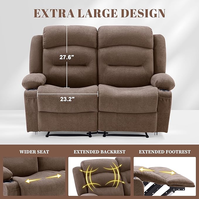 Oversized Recliner Loveseat with Heat and Massage, Wall-Hugger Reclining Sofa with Cup Holders and USB Port, Big Large 2-Seater Double RV Recliner Loveseat for Living Room (Fabric, Brown)