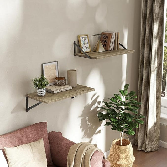 Deep Floating Shelves Wall Mounted, 24"x12" Gray Wall Shelves with Brackets Set of 2 for Bedroom, Living Room, Bathroom, Kitchen, Office - Storage & Display Shelf for Decor, Books, Plants