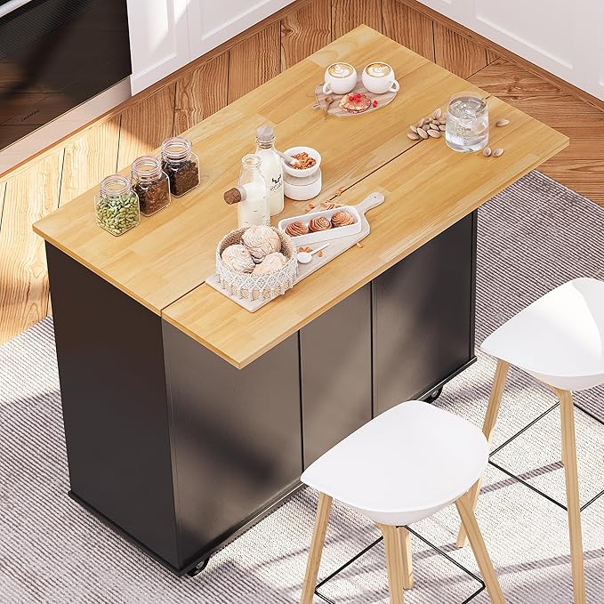 SUNLEI Kitchen Island on Wheels with Storage Cabinet & Foldable Drop Leaf, Rolling Kitchen Table, Cart Handle for Towel Rack, Drop Leaf, Portable Islands for Kitchen (Classic Black, 39.7-INCH)…