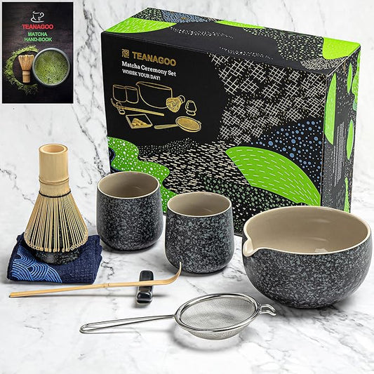TEANAGOO 9 Pcs Matcha Whisk Set,Ceramic Matcha Set,Matcha Kit for Ceremony,Matcha Tea Set for Making Breakfast/Matcha Latte,Matcha Whisk and Bowl Set with 2 Matcha Cups(7.2oz),Gift for Matcha Lover