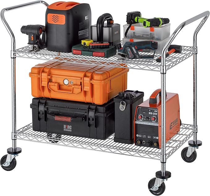 Finnhomy 2 Tier Commercial Grade Rolling Cart, Heavy Duty Utility Cart, Carts with Wheels and Handles, Kitchen Carts on Wheels, Metal Cart with 600 lbs Capacity, Shelf Size 23.6"Dx47.2"W x 39.4"H, NSF