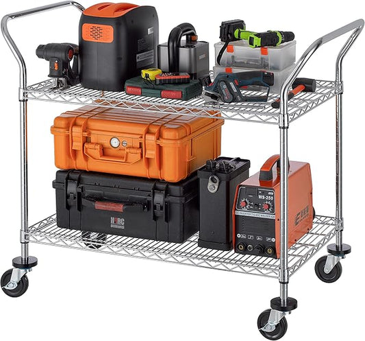 Finnhomy 2 Tier Commercial Grade Rolling Cart, Heavy Duty Utility Cart, Carts with Wheels and Handles, Kitchen Carts on Wheels, Metal Cart with 600 lbs Capacity, Shelf Size 23.6"Dx47.2"W x 39.4"H, NSF