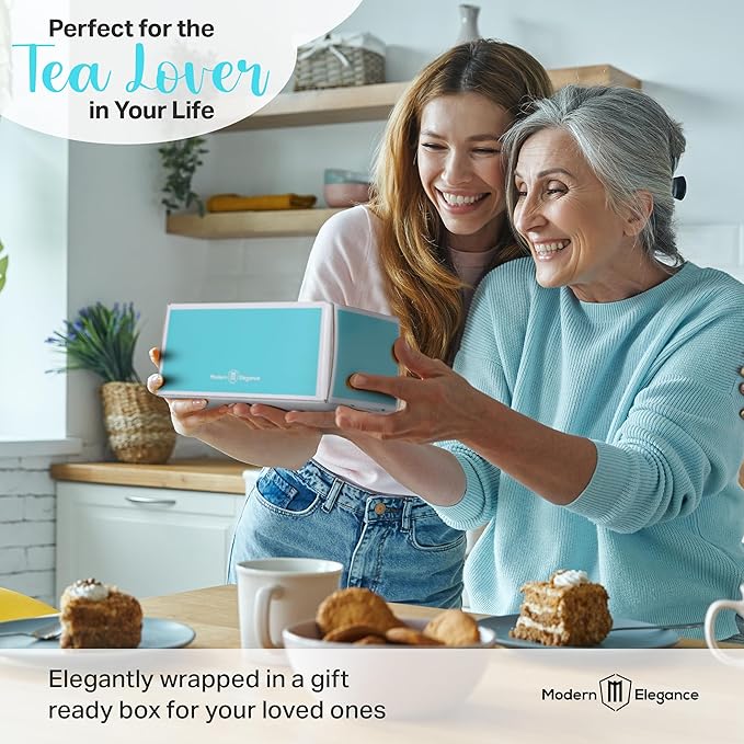 Modern Elegance Tea Tumbler Gift Set – Includes Tea Bag Holder, Spoon, Honey Straw, 15 Assorted Flavor Blends & Hot & Cold 12oz Insulated Tumbler – Ideal for Holiday Gift for Tea Lovers – Rose Gold