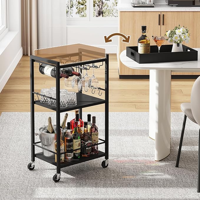TUTOTAK Bar Cart with Removable Tray, Home Bar Serving Cart, Drink Cart, Mobile Kitchen Shelf with Wine Rack and Glass Holder, Rolling Beverage Cart for Living Room, Kitchen, Black BC01BK036