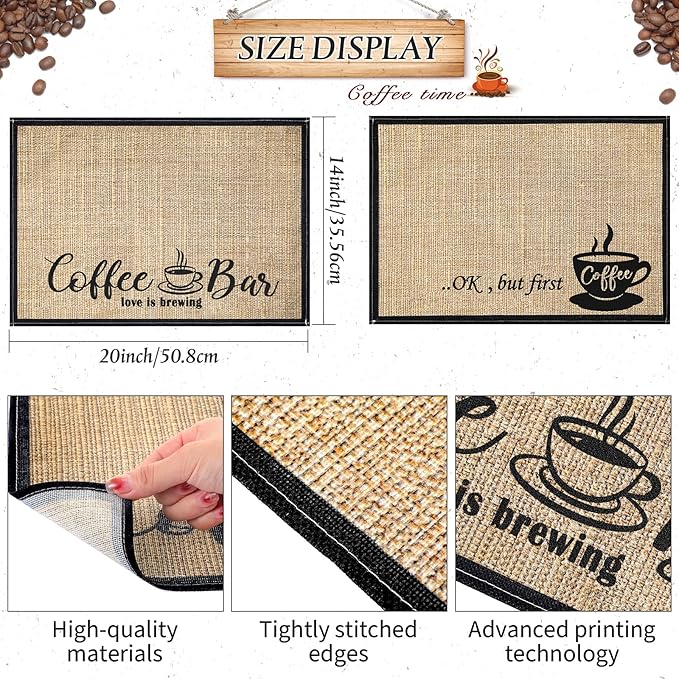 Cunhill 2 Pieces Coffee Bar Mat,Coffee Bar Accessories 20 x 14 Inch Coffee Bar Decoration Coffee Placemats for Coffee Machine, Coffee Bar, Countertops,Coffee Station Accessories(First Coffee)