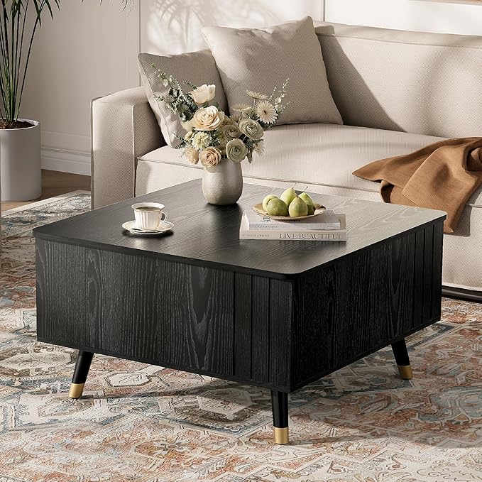32" Square Lift Top Coffee Table with Storage, Modern Black Center Table for Living Room, Minimalist Wood Cocktail Table with Rising Desktop, Home Office