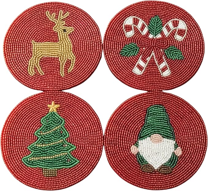 Folkulture Hand-Crafted Holiday Magic Beaded Coasters Set of 4 | Handmade Round Drink Coasters for Coffee Table & Bar | Boho Table Décor | Housewarming, Valentine Gifts